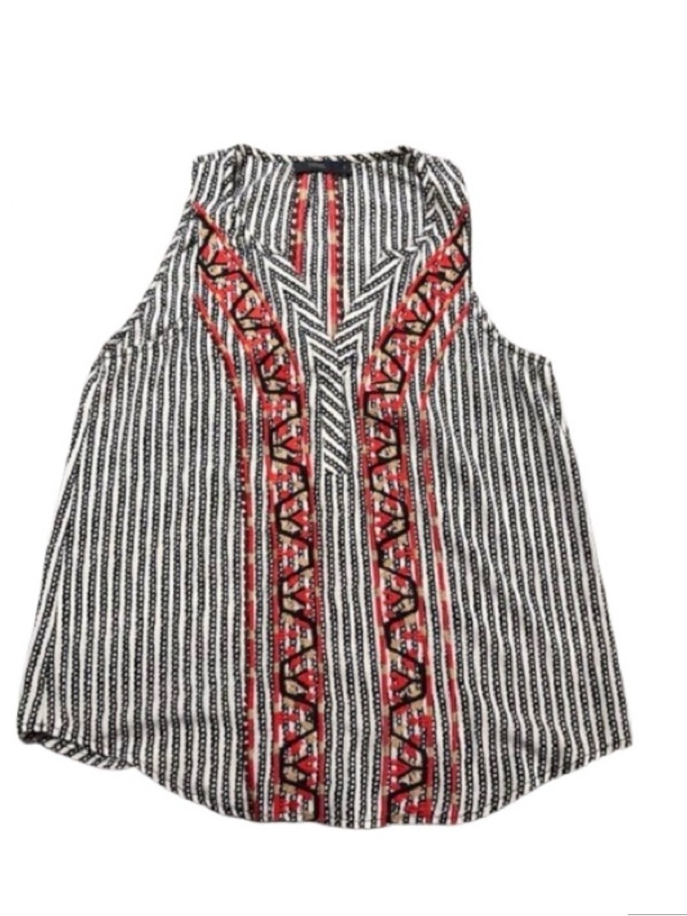 THML Sleeveless Embroidered Boho Stripe Top Small Black White Red